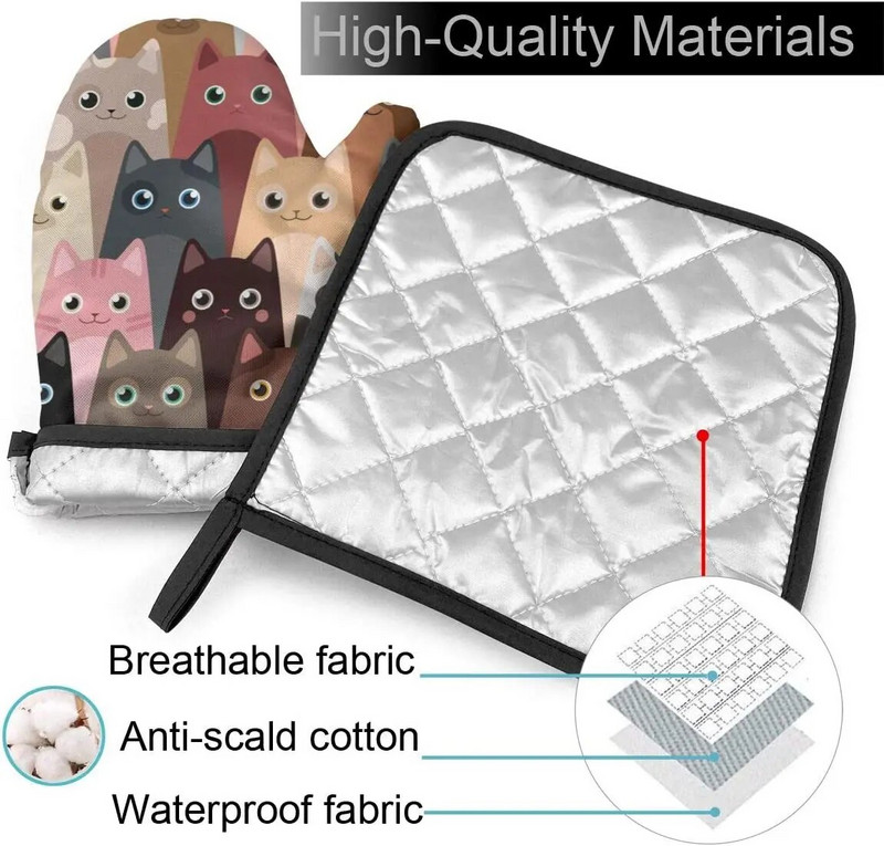 Juokingi orkaitės pirštinės ir puodų laikiklių rinkinys Mielos katės, izoliuotos pirštinės ir virtuvės saugūs kilimėliai, skirti virti ant grotelių, kepti ant grotelių