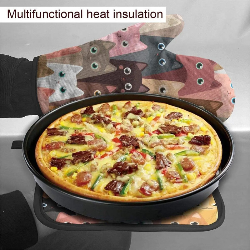 Juokingi orkaitės pirštinės ir puodų laikiklių rinkinys Mielos katės, izoliuotos pirštinės ir virtuvės saugūs kilimėliai, skirti virti ant grotelių, kepti ant grotelių