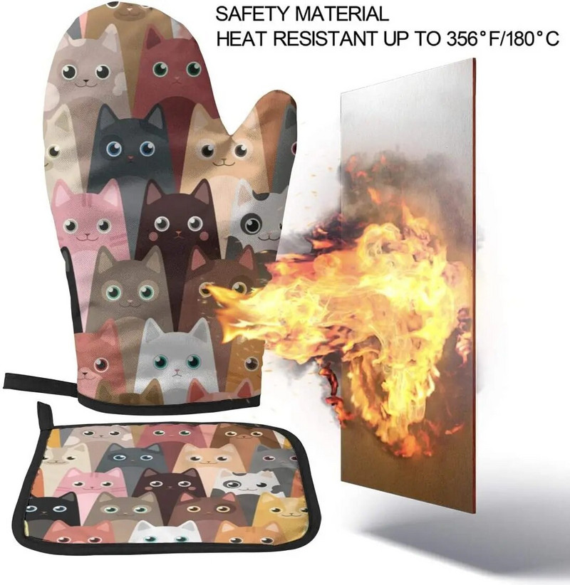 Juokingi orkaitės pirštinės ir puodų laikiklių rinkinys Mielos katės, izoliuotos pirštinės ir virtuvės saugūs kilimėliai, skirti virti ant grotelių, kepti ant grotelių