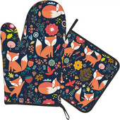 „Fox“ orkaitės pirštinių ir puodų laikiklių rinkiniai iš 2 karščiui atsparių neslystančių orkaitės pirštinių ir padėklo, skirto maisto ruošimui, kepimui, kepsninei, kepsninei.