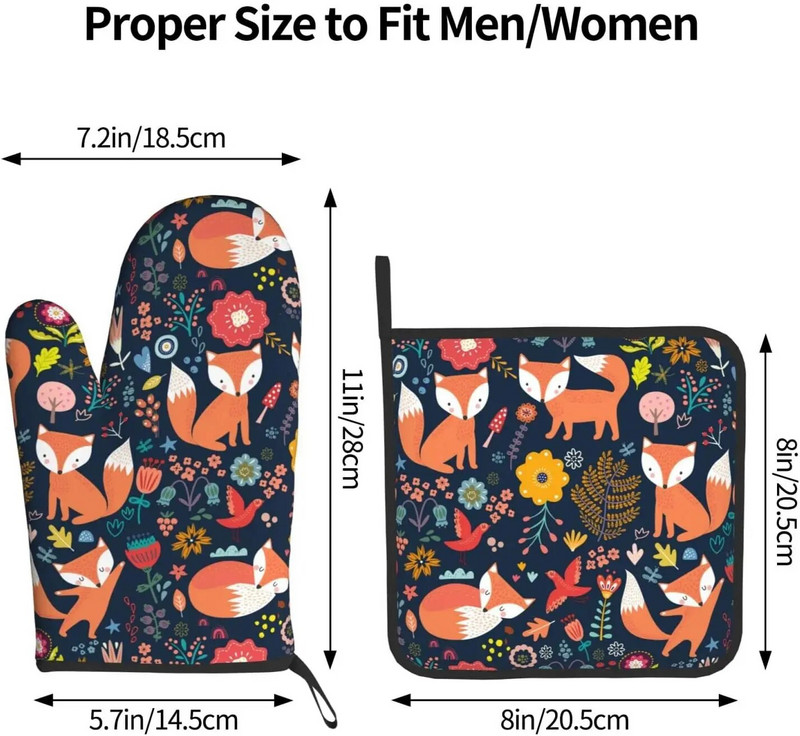 „Fox“ orkaitės pirštinių ir puodų laikiklių rinkiniai iš 2 karščiui atsparių neslystančių orkaitės pirštinių ir padėklo, skirto maisto ruošimui, kepimui, kepsninei, kepsninei.