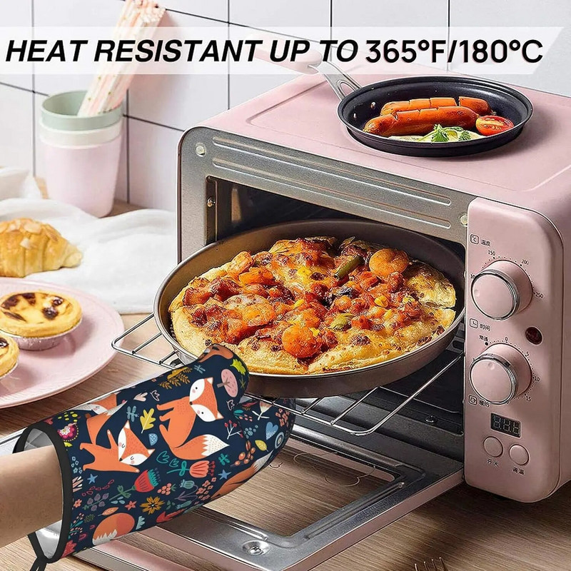 „Fox“ orkaitės pirštinių ir puodų laikiklių rinkiniai iš 2 karščiui atsparių neslystančių orkaitės pirštinių ir padėklo, skirto maisto ruošimui, kepimui, kepsninei, kepsninei.