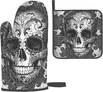 Gothic Sugar Skull Black Orkaitės pirštinių ir puodų laikiklių rinkiniai, Helovino karščiui atsparios neslystančios virtuvinės pirštinės, skirtos gaminti maistą