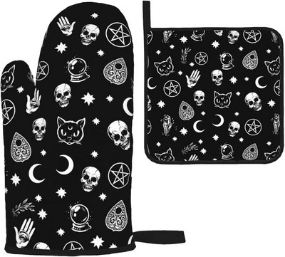Gothic Sugar Skull Black Orkaitės pirštinių ir puodų laikiklių rinkiniai, Helovino karščiui atsparios neslystančios virtuvinės pirštinės, skirtos gaminti maistą
