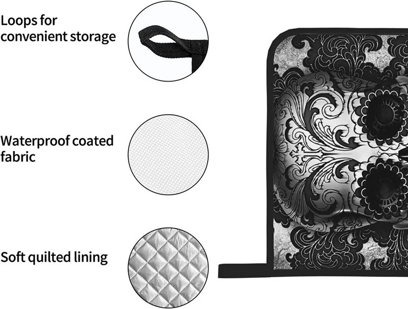 Gothic Sugar Skull Black Orkaitės pirštinių ir puodų laikiklių rinkiniai, Helovino karščiui atsparios neslystančios virtuvinės pirštinės, skirtos gaminti maistą