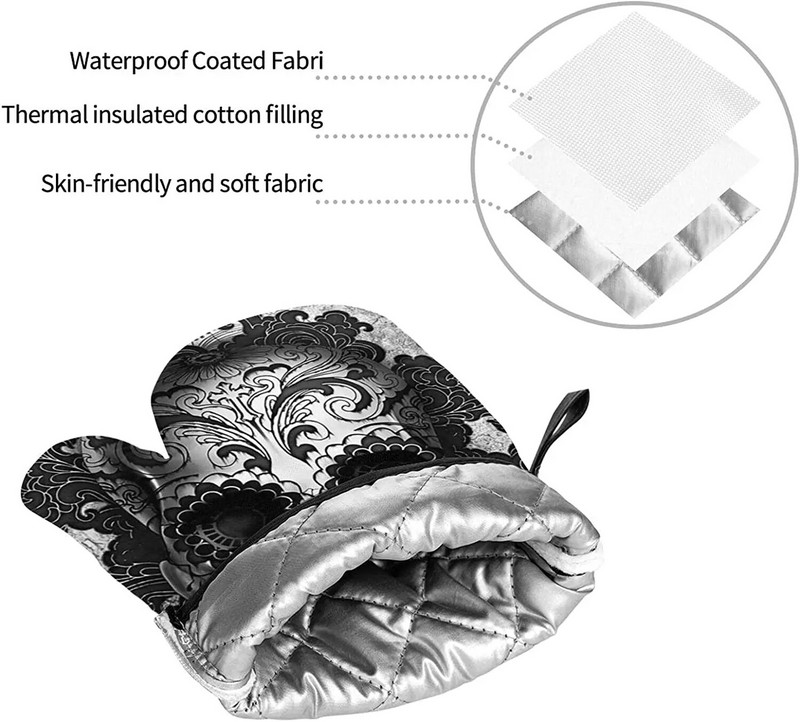 Gothic Sugar Skull Black Orkaitės pirštinių ir puodų laikiklių rinkiniai, Helovino karščiui atsparios neslystančios virtuvinės pirštinės, skirtos gaminti maistą