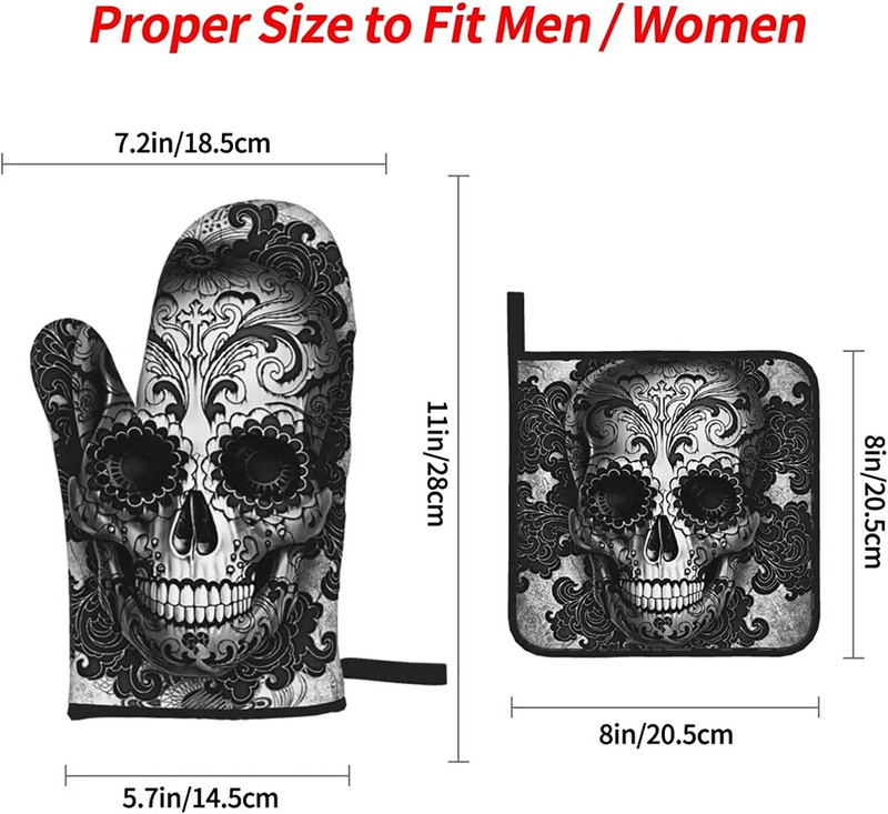 Gothic Sugar Skull Black Orkaitės pirštinių ir puodų laikiklių rinkiniai, Helovino karščiui atsparios neslystančios virtuvinės pirštinės, skirtos gaminti maistą