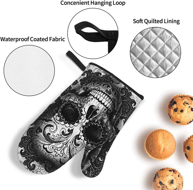 Gothic Sugar Skull Black Orkaitės pirštinių ir puodų laikiklių rinkiniai, Helovino karščiui atsparios neslystančios virtuvinės pirštinės, skirtos gaminti maistą