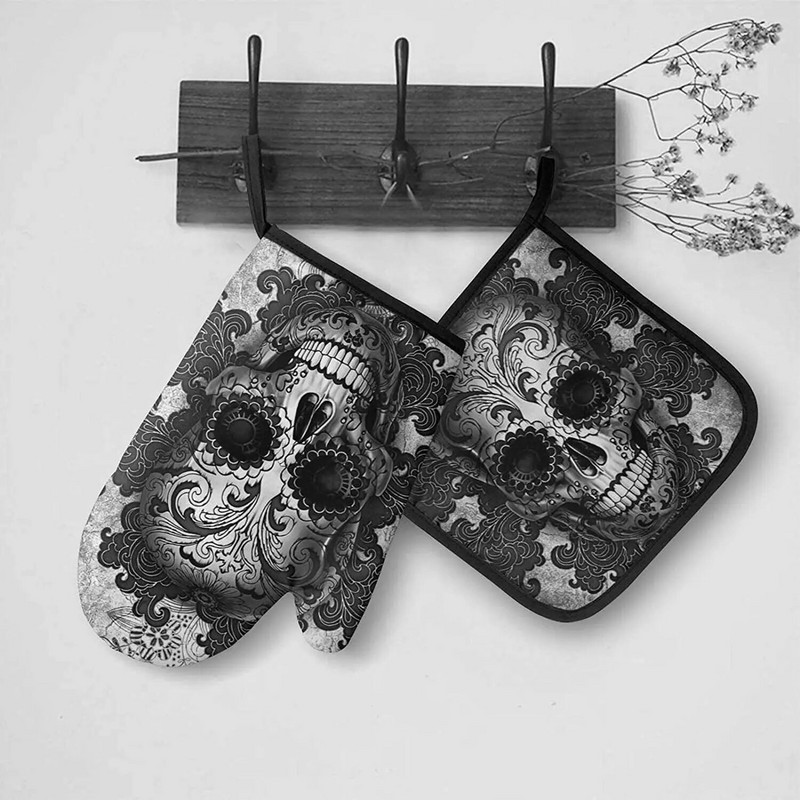 Gothic Sugar Skull Black Orkaitės pirštinių ir puodų laikiklių rinkiniai, Helovino karščiui atsparios neslystančios virtuvinės pirštinės, skirtos gaminti maistą