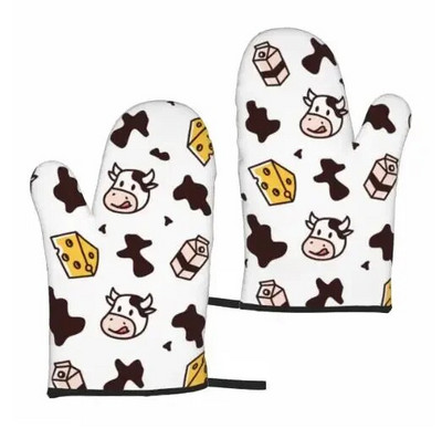 Karvės spausdinimo orkaitės pirštinės, karščiui atsparios, neslidžios, nepralaidžios vandeniui su minkštu medvilniniu pamušalu pirštinės, skirtos virtuvės gaminimui, kepimui ant grotelių, 2 vnt.