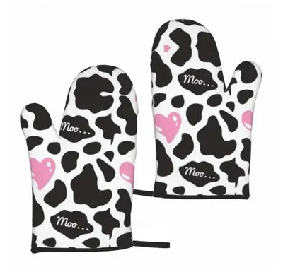 Karvės spausdinimo orkaitės pirštinės, karščiui atsparios, neslidžios, nepralaidžios vandeniui su minkštu medvilniniu pamušalu pirštinės, skirtos virtuvės gaminimui, kepimui ant grotelių, 2 vnt.