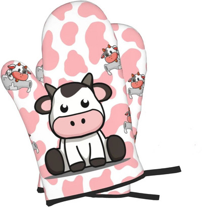 Karvės spausdinimo orkaitės pirštinės, karščiui atsparios, neslidžios, nepralaidžios vandeniui su minkštu medvilniniu pamušalu pirštinės, skirtos virtuvės gaminimui, kepimui ant grotelių, 2 vnt.