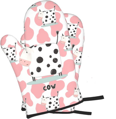 Karvės spausdinimo orkaitės pirštinės, karščiui atsparios, neslidžios, nepralaidžios vandeniui su minkštu medvilniniu pamušalu pirštinės, skirtos virtuvės gaminimui, kepimui ant grotelių, 2 vnt.