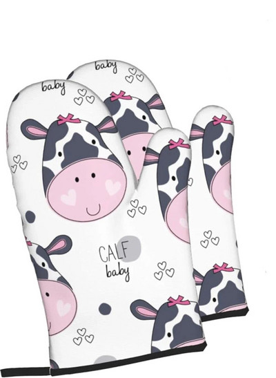 Karvės spausdinimo orkaitės pirštinės, karščiui atsparios, neslidžios, nepralaidžios vandeniui su minkštu medvilniniu pamušalu pirštinės, skirtos virtuvės gaminimui, kepimui ant grotelių, 2 vnt.