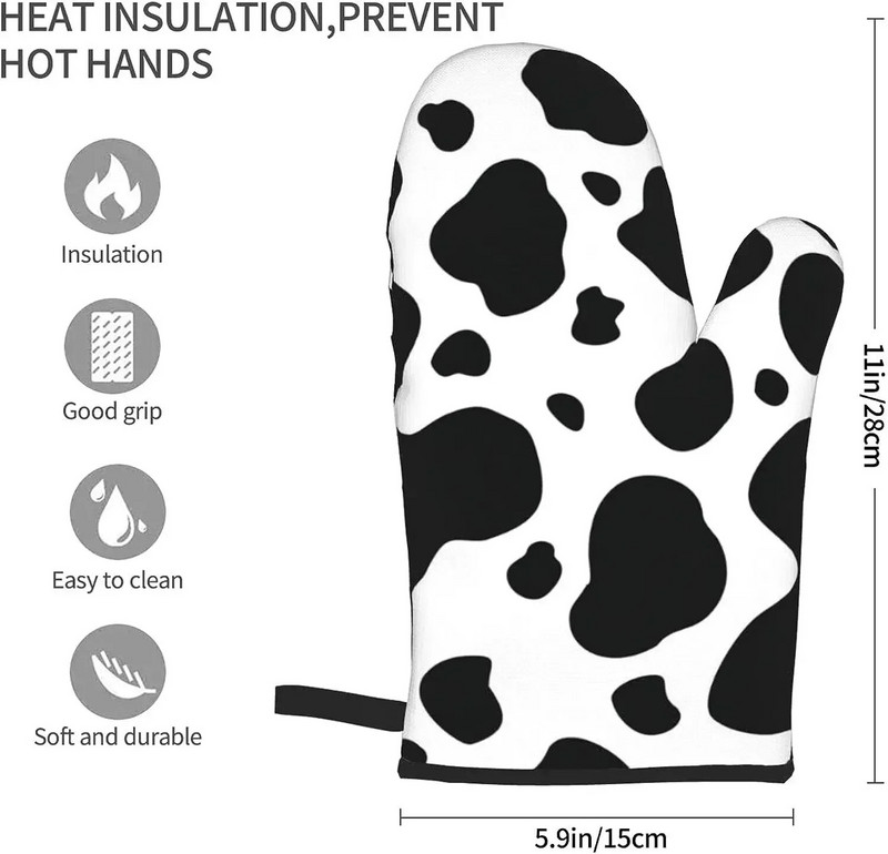 Karvės spausdinimo orkaitės pirštinės, karščiui atsparios, neslidžios, nepralaidžios vandeniui su minkštu medvilniniu pamušalu pirštinės, skirtos virtuvės gaminimui, kepimui ant grotelių, 2 vnt.