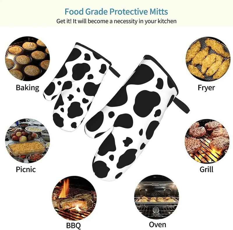 Karvės spausdinimo orkaitės pirštinės, karščiui atsparios, neslidžios, nepralaidžios vandeniui su minkštu medvilniniu pamušalu pirštinės, skirtos virtuvės gaminimui, kepimui ant grotelių, 2 vnt.