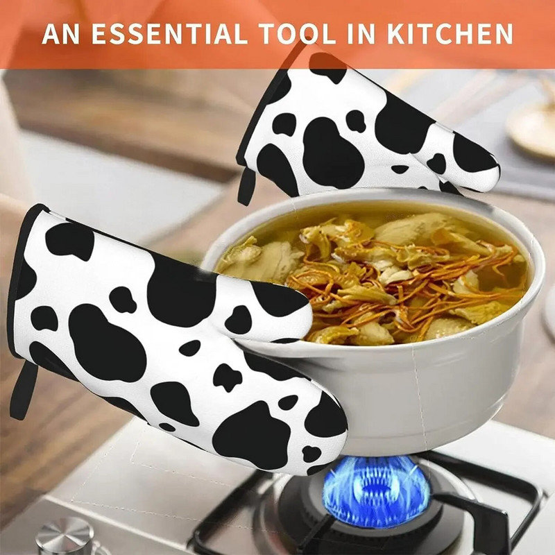 Karvės spausdinimo orkaitės pirštinės, karščiui atsparios, neslidžios, nepralaidžios vandeniui su minkštu medvilniniu pamušalu pirštinės, skirtos virtuvės gaminimui, kepimui ant grotelių, 2 vnt.