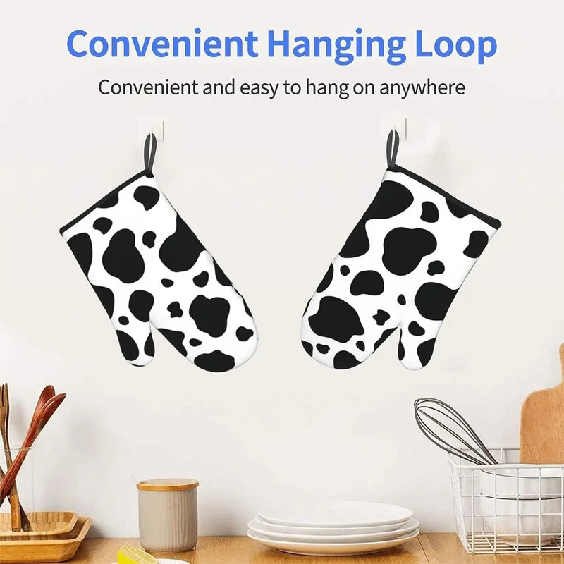 Karvės spausdinimo orkaitės pirštinės, karščiui atsparios, neslidžios, nepralaidžios vandeniui su minkštu medvilniniu pamušalu pirštinės, skirtos virtuvės gaminimui, kepimui ant grotelių, 2 vnt.