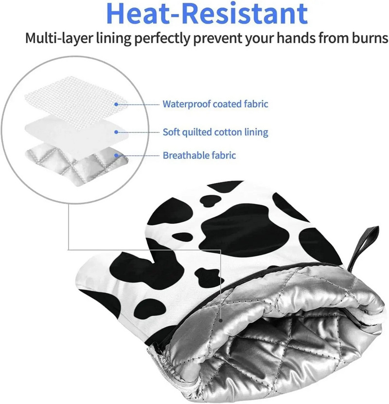 Karvės spausdinimo orkaitės pirštinės, karščiui atsparios, neslidžios, nepralaidžios vandeniui su minkštu medvilniniu pamušalu pirštinės, skirtos virtuvės gaminimui, kepimui ant grotelių, 2 vnt.