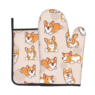 Kawaii Corgi karščiui atsparios orkaitės pirštinės ir puodų laikikliai, neslystančios storos virtuvės pirštinės mikrobangų krosnelėje, skirtos virti, kepti ant grotelių