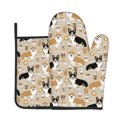 Kawaii Corgi karščiui atsparios orkaitės pirštinės ir puodų laikikliai, neslystančios storos virtuvės pirštinės mikrobangų krosnelėje, skirtos virti, kepti ant grotelių