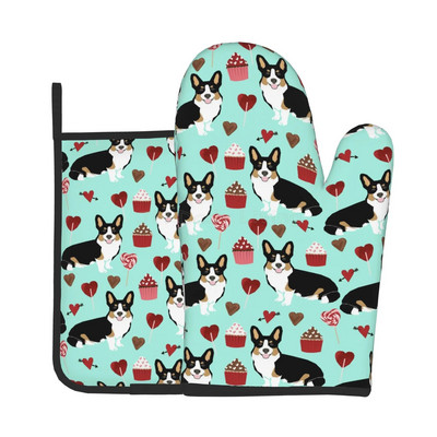 Kawaii Corgi karščiui atsparios orkaitės pirštinės ir puodų laikikliai, neslystančios storos virtuvės pirštinės mikrobangų krosnelėje, skirtos virti, kepti ant grotelių
