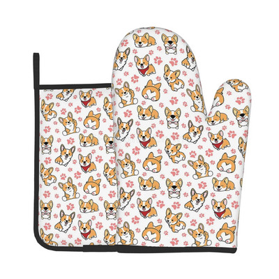Kawaii Corgi karščiui atsparios orkaitės pirštinės ir puodų laikikliai, neslystančios storos virtuvės pirštinės mikrobangų krosnelėje, skirtos virti, kepti ant grotelių