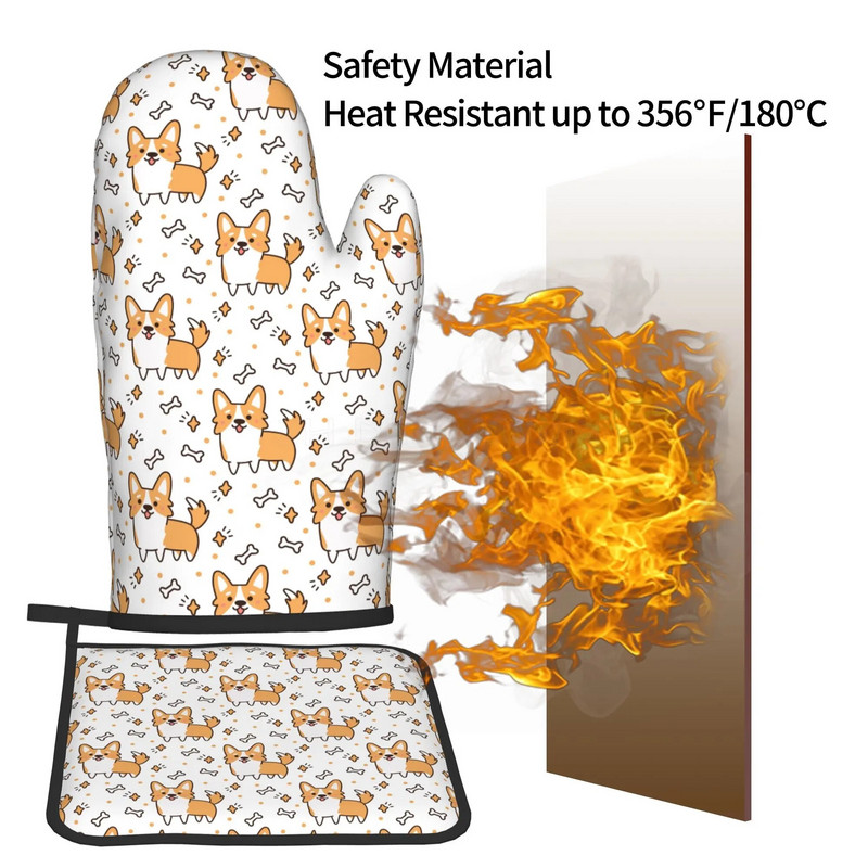 Kawaii Corgi karščiui atsparios orkaitės pirštinės ir puodų laikikliai, neslystančios storos virtuvės pirštinės mikrobangų krosnelėje, skirtos virti, kepti ant grotelių