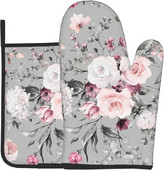 Pilkos gėlių puodų pirštinės ir puodų laikikliai, rinkiniai Pink Roses Orkaitės pirštinės, karštos pagalvėlės Virtuvės karščiui atsparūs puodų laikikliai, skirti maisto ruošimui.