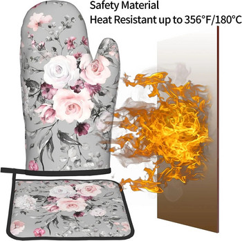 Комплекти ръкавици за фурна със сиви цветя и поставки за саксии Розови рози Ръкавици за фурна Горещи подложки Кухня Топлоустойчиви поставки за тенджери за готвене Печене