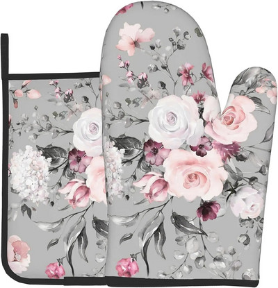 Pilkos gėlių puodų pirštinės ir puodų laikikliai, rinkiniai Pink Roses Orkaitės pirštinės, karštos pagalvėlės Virtuvės karščiui atsparūs puodų laikikliai, skirti maisto ruošimui.