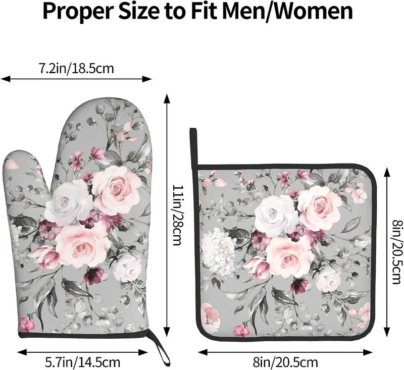 Pilkos gėlių puodų pirštinės ir puodų laikikliai, rinkiniai Pink Roses Orkaitės pirštinės, karštos pagalvėlės Virtuvės karščiui atsparūs puodų laikikliai, skirti maisto ruošimui.