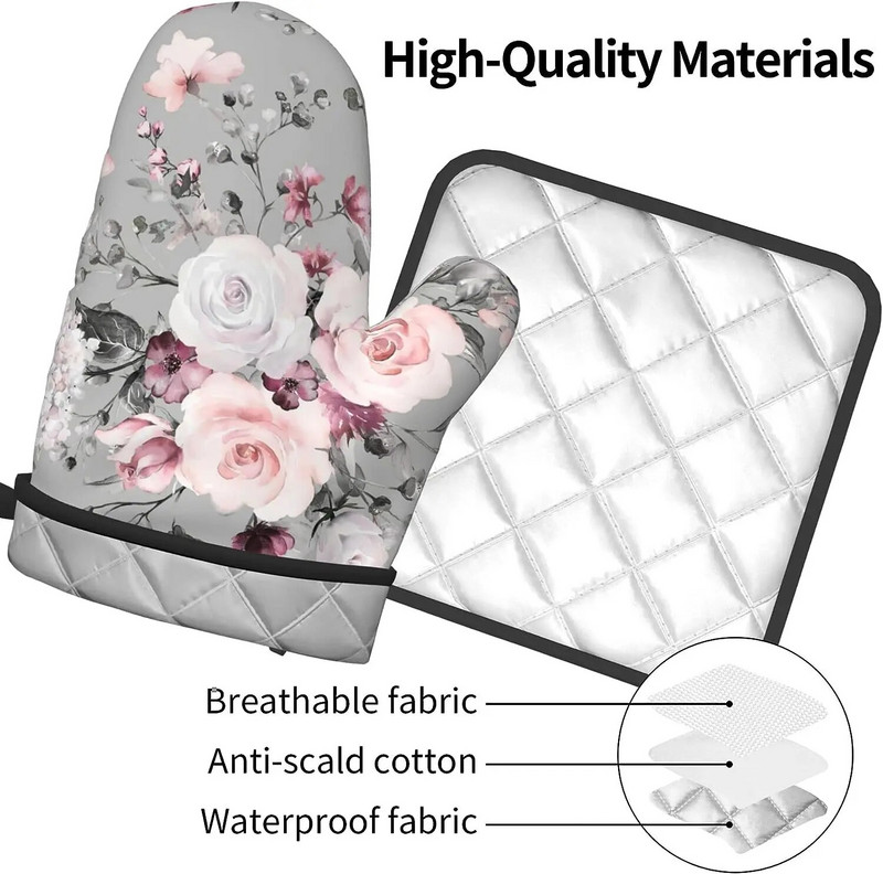 Pilkos gėlių puodų pirštinės ir puodų laikikliai, rinkiniai Pink Roses Orkaitės pirštinės, karštos pagalvėlės Virtuvės karščiui atsparūs puodų laikikliai, skirti maisto ruošimui.