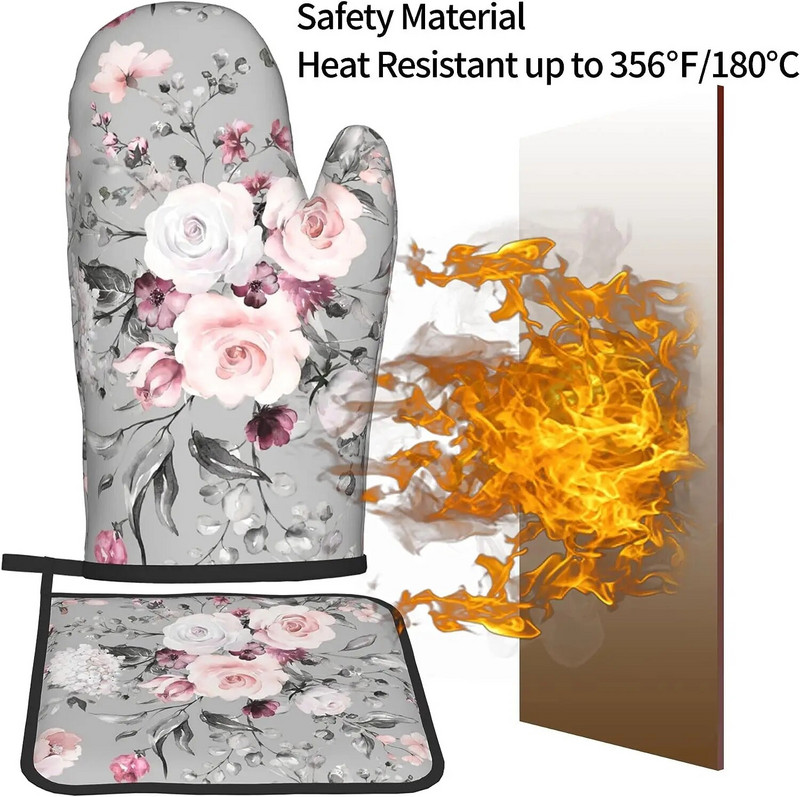 Pilkos gėlių puodų pirštinės ir puodų laikikliai, rinkiniai Pink Roses Orkaitės pirštinės, karštos pagalvėlės Virtuvės karščiui atsparūs puodų laikikliai, skirti maisto ruošimui.