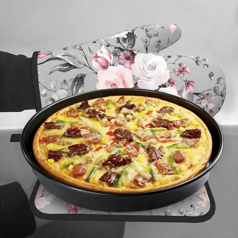 Pilkos gėlių puodų pirštinės ir puodų laikikliai, rinkiniai Pink Roses Orkaitės pirštinės, karštos pagalvėlės Virtuvės karščiui atsparūs puodų laikikliai, skirti maisto ruošimui.