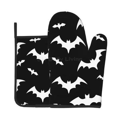 „Halloween Bats“ orkaitės pirštinės ir puodų laikikliai, karščiui atsparios neslystančios orkaitės pirštinės saugiam gaminimui, kepimui, kepimui ant grotelių