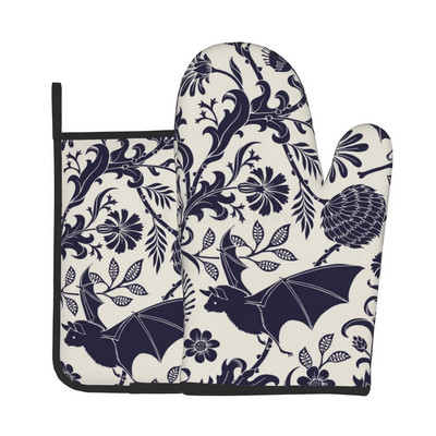 „Halloween Bats“ orkaitės pirštinės ir puodų laikikliai, karščiui atsparios neslystančios orkaitės pirštinės saugiam gaminimui, kepimui, kepimui ant grotelių