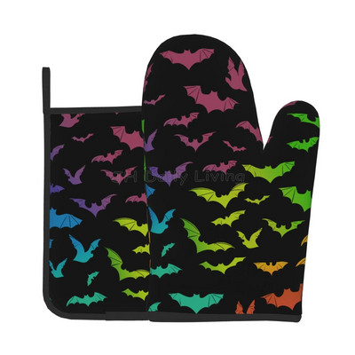 „Halloween Bats“ orkaitės pirštinės ir puodų laikikliai, karščiui atsparios neslystančios orkaitės pirštinės saugiam gaminimui, kepimui, kepimui ant grotelių