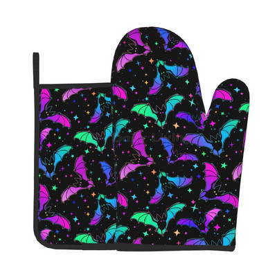 „Halloween Bats“ orkaitės pirštinės ir puodų laikikliai, karščiui atsparios neslystančios orkaitės pirštinės saugiam gaminimui, kepimui, kepimui ant grotelių