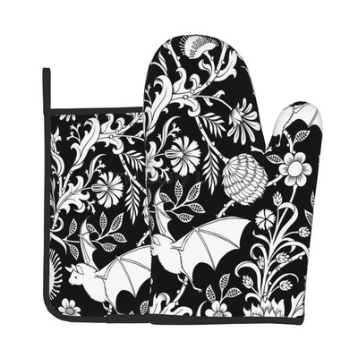 „Halloween Bats“ orkaitės pirštinės ir puodų laikikliai, karščiui atsparios neslystančios orkaitės pirštinės saugiam gaminimui, kepimui, kepimui ant grotelių