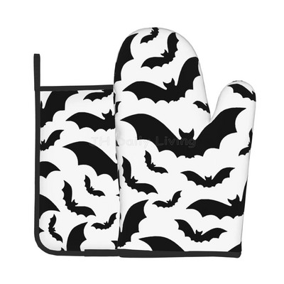 „Halloween Bats“ orkaitės pirštinės ir puodų laikikliai, karščiui atsparios neslystančios orkaitės pirštinės saugiam gaminimui, kepimui, kepimui ant grotelių