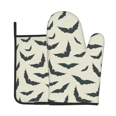 „Halloween Bats“ orkaitės pirštinės ir puodų laikikliai, karščiui atsparios neslystančios orkaitės pirštinės saugiam gaminimui, kepimui, kepimui ant grotelių