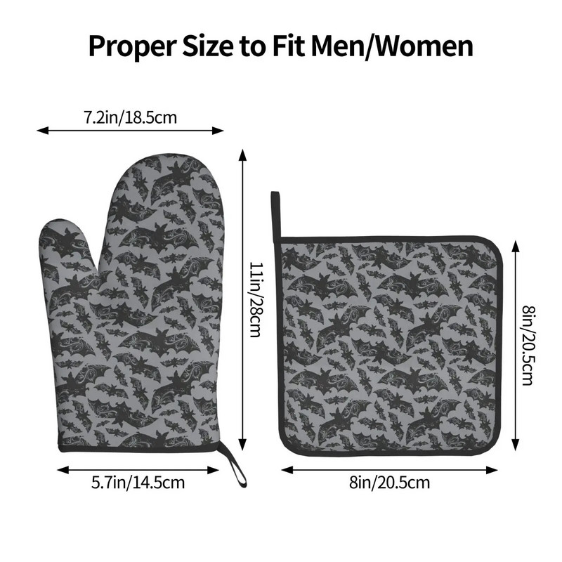 „Halloween Bats“ orkaitės pirštinės ir puodų laikikliai, karščiui atsparios neslystančios orkaitės pirštinės saugiam gaminimui, kepimui, kepimui ant grotelių