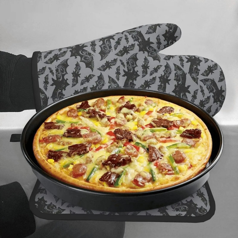 „Halloween Bats“ orkaitės pirštinės ir puodų laikikliai, karščiui atsparios neslystančios orkaitės pirštinės saugiam gaminimui, kepimui, kepimui ant grotelių