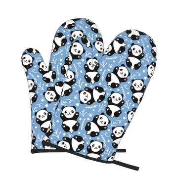 Panda Сладки сини топлоустойчиви ръкавици Ръкавици за фурна Ръкавици Кухненски декор Топлоустойчиви поставки за тенджери Комплект за готвене Печене на барбекю 2 бр.