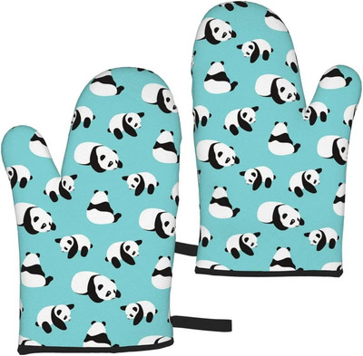 Panda mielos mėlynos karščiui atsparios pirštinės orkaitės pirštinės Pirštinės virtuvės dekoras karščiui atsparių puodų laikiklių rinkinys, skirtas maisto ruošimui, kepimui, BBQ 2 vnt.