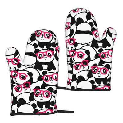 Panda mielos mėlynos karščiui atsparios pirštinės orkaitės pirštinės Pirštinės virtuvės dekoras karščiui atsparių puodų laikiklių rinkinys, skirtas maisto ruošimui, kepimui, BBQ 2 vnt.