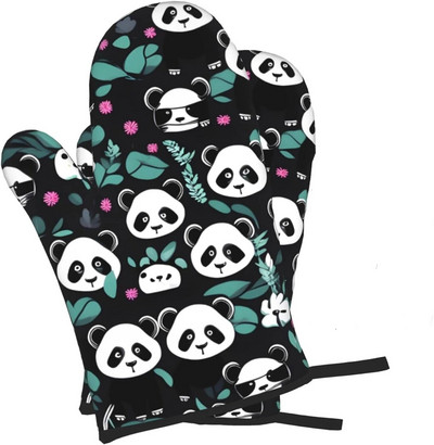 Panda mielos mėlynos karščiui atsparios pirštinės orkaitės pirštinės Pirštinės virtuvės dekoras karščiui atsparių puodų laikiklių rinkinys, skirtas maisto ruošimui, kepimui, BBQ 2 vnt.