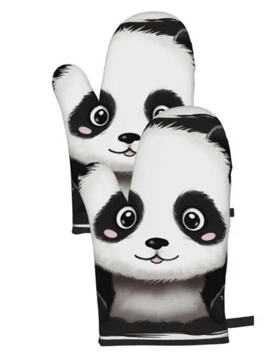 Panda mielos mėlynos karščiui atsparios pirštinės orkaitės pirštinės Pirštinės virtuvės dekoras karščiui atsparių puodų laikiklių rinkinys, skirtas maisto ruošimui, kepimui, BBQ 2 vnt.