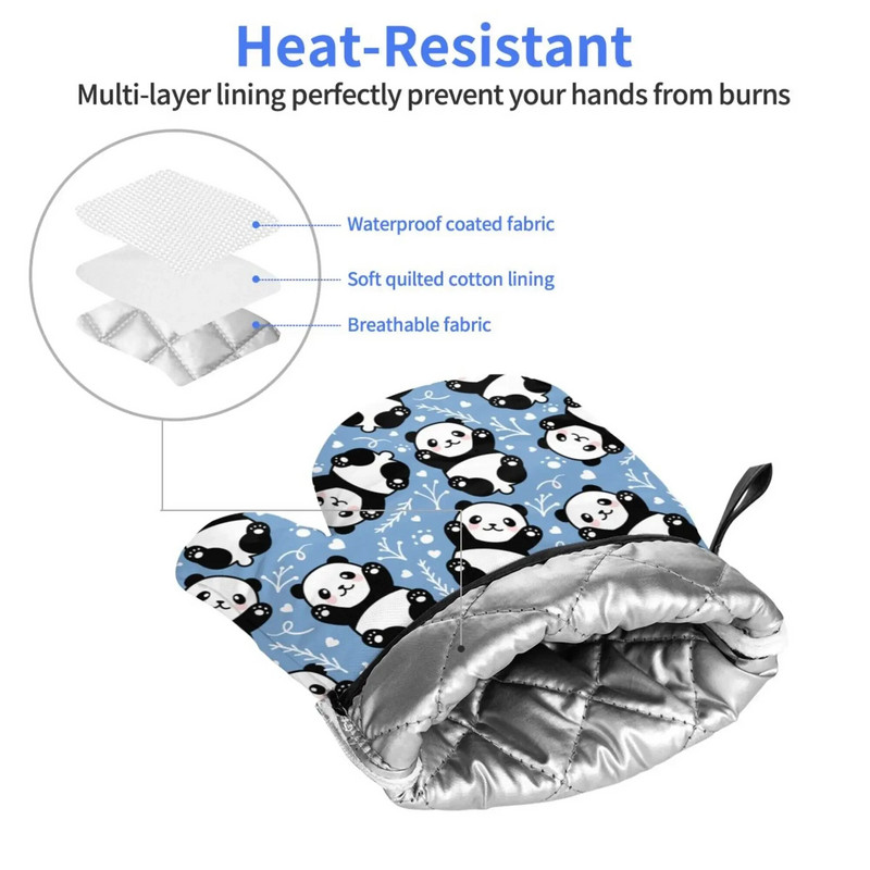 Panda mielos mėlynos karščiui atsparios pirštinės orkaitės pirštinės Pirštinės virtuvės dekoras karščiui atsparių puodų laikiklių rinkinys, skirtas maisto ruošimui, kepimui, BBQ 2 vnt.